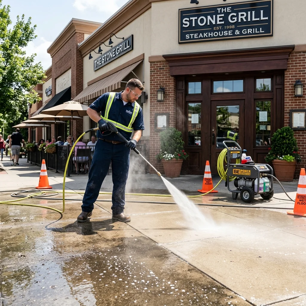 High pressure washing concrete path restaurant exterior
